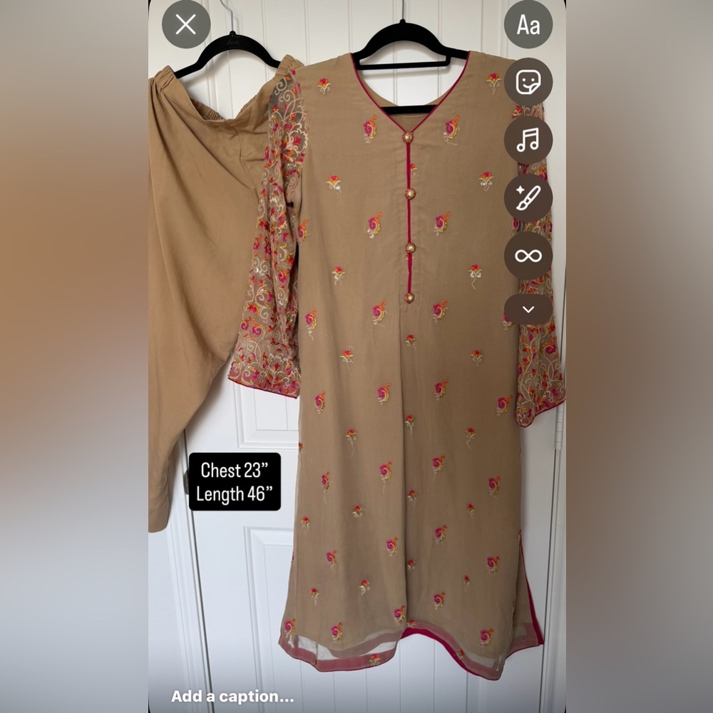 Embroidered Tan Kurta with Floral Accents